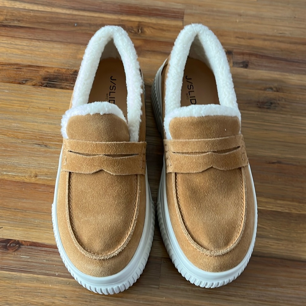 JSlides Giles Sneaker Platform Shearling Suede Tan NWOT Size 7